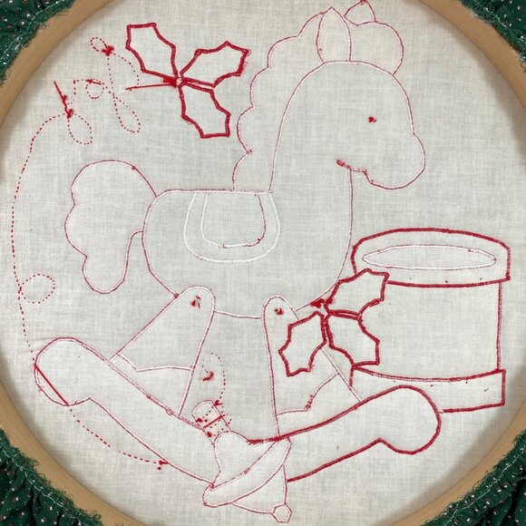 Handmade Christmas Rocking Horse Joy Drum Ruffled Edge Wall Art Embroidery Hoop - Picture 4 of 12